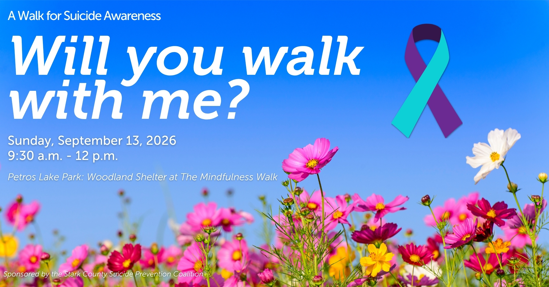 Bright pink and white flowers under a clear blue sky with text inviting participation in a suicide awareness walk on September 13, 2026.