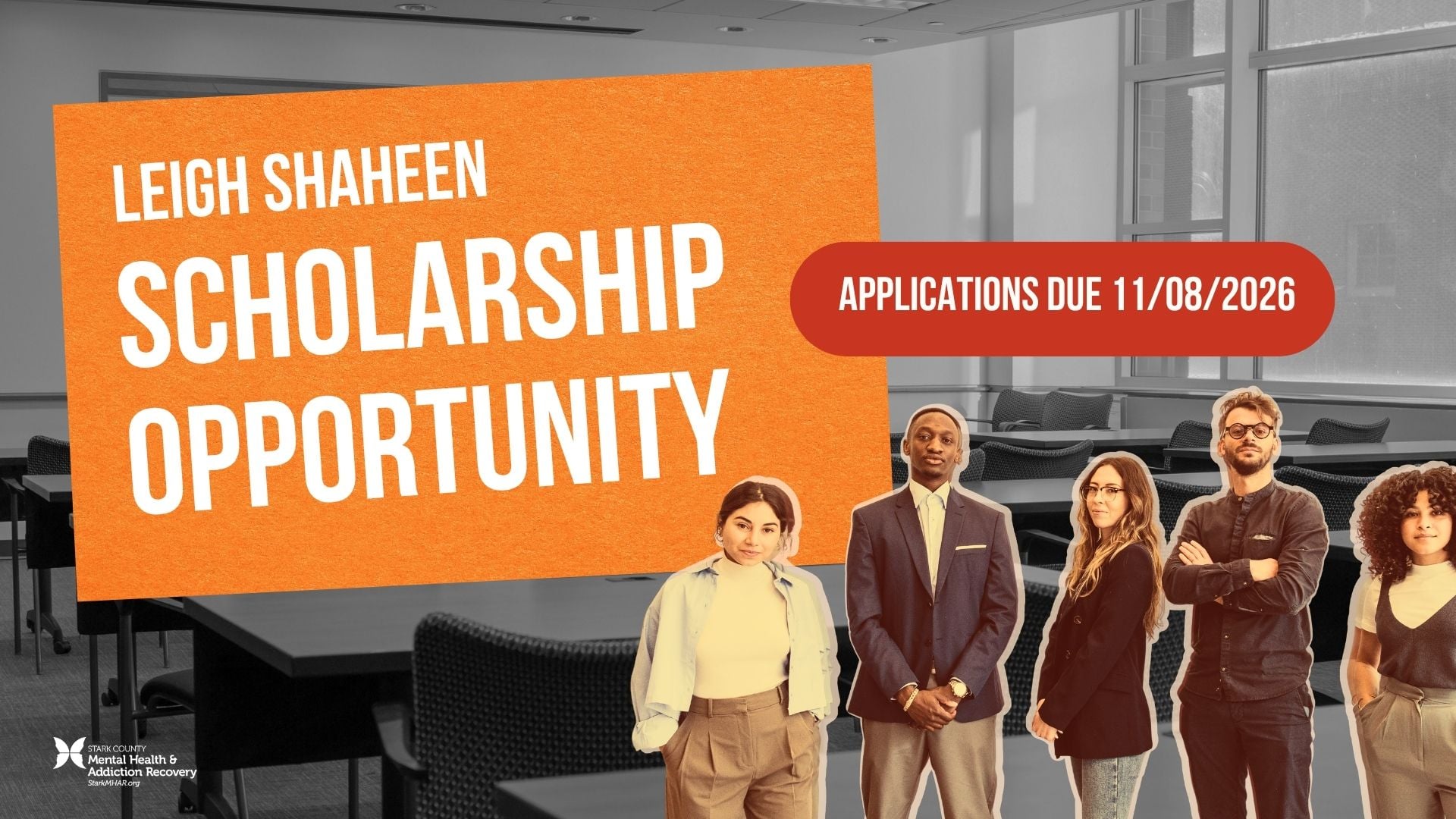 Group of diverse young adults standing confidently in a modern classroom promoting the Leigh Shaheen Scholarship with a deadline of 11/08/2026.